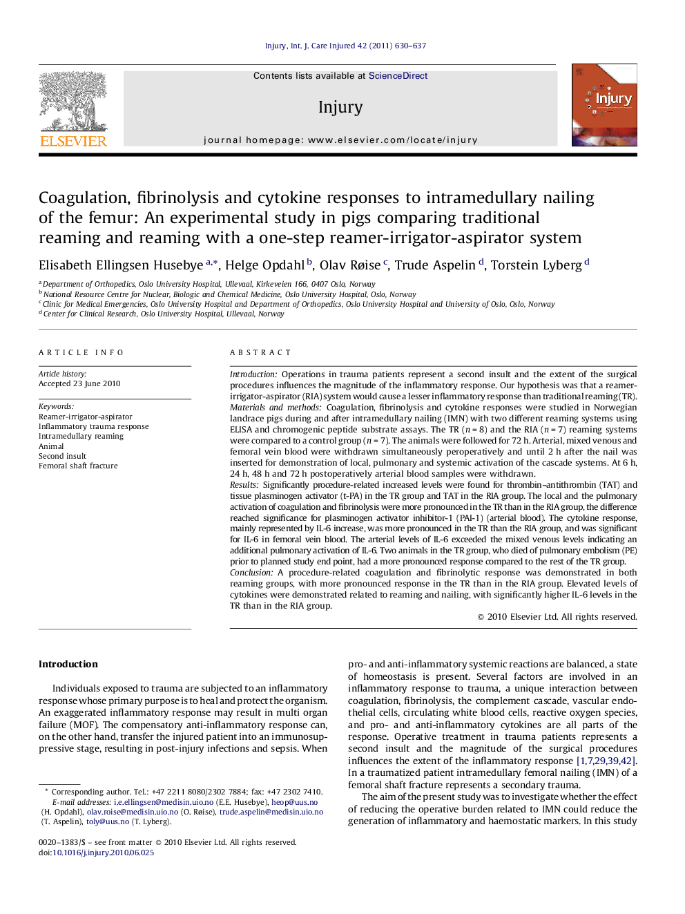 Coagulation, fibrinolysis and cytokine responses to intramedullary nailing of the femur: An experimental study in pigs comparing traditional reaming and reaming with a one-step reamer-irrigator-aspirator system