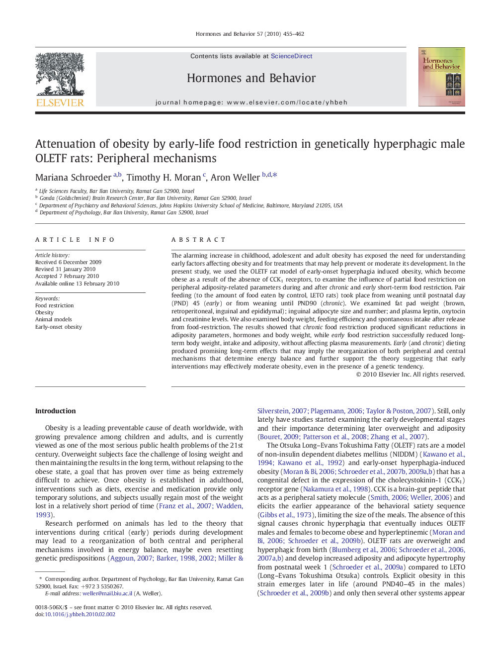 Attenuation of obesity by early-life food restriction in genetically hyperphagic male OLETF rats: Peripheral mechanisms