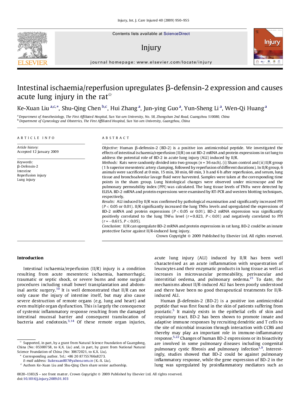 Intestinal ischaemia/reperfusion upregulates β-defensin-2 expression and causes acute lung injury in the rat 