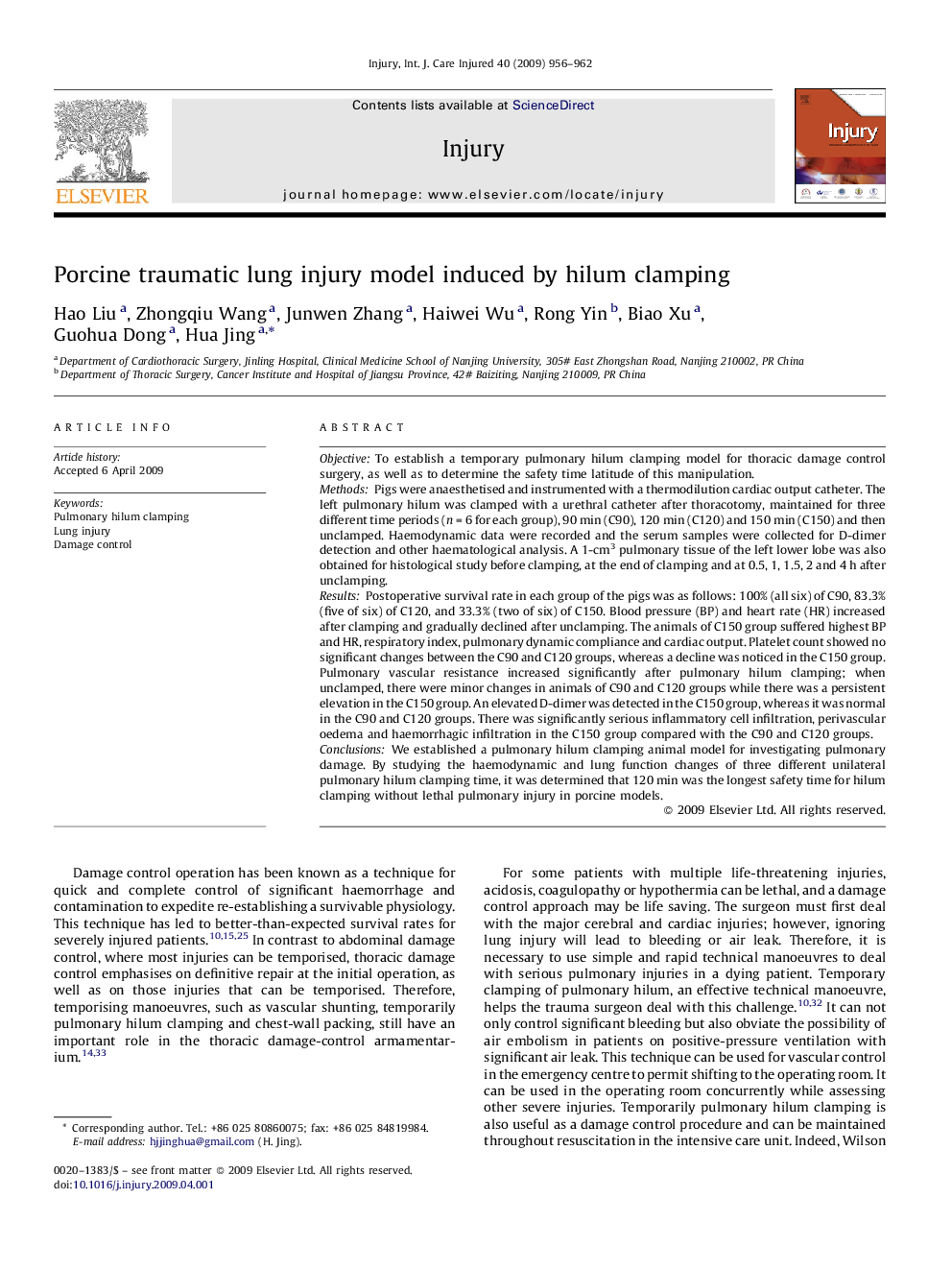 Porcine traumatic lung injury model induced by hilum clamping