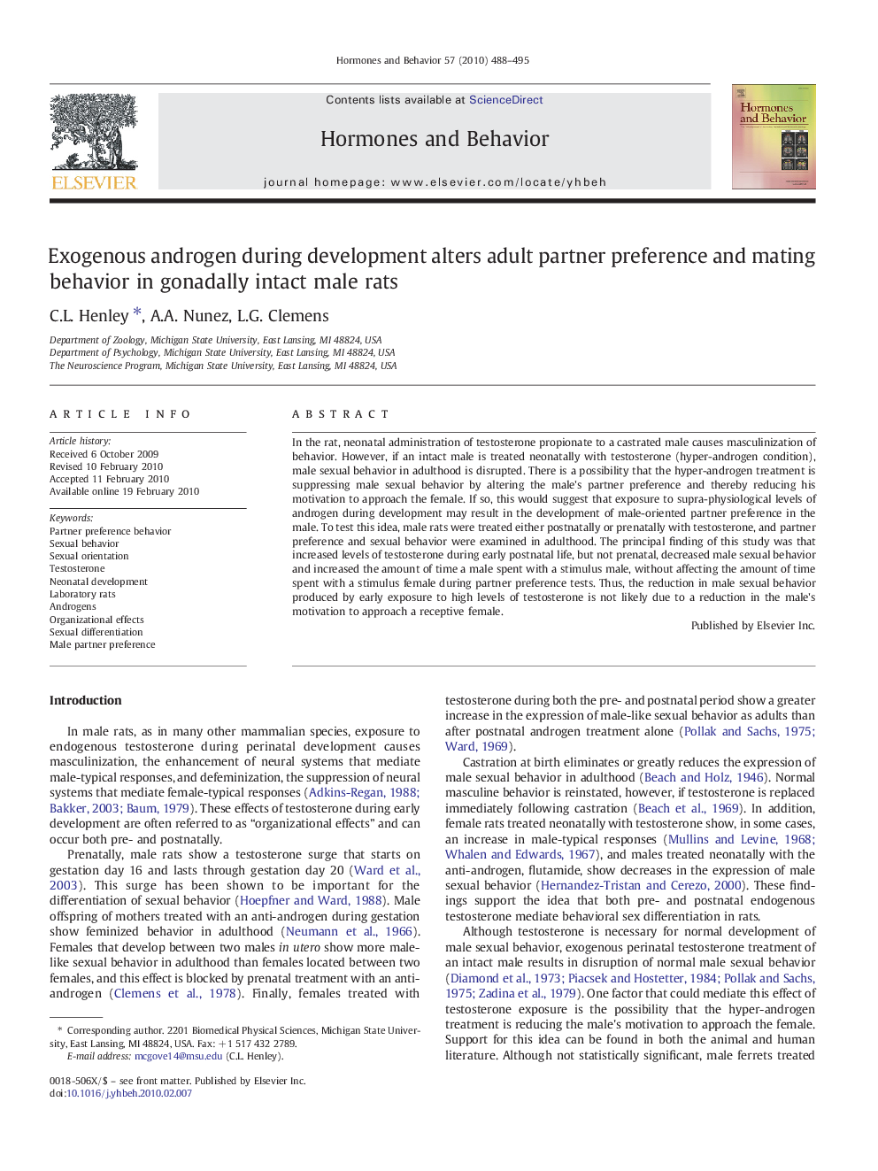 Exogenous androgen during development alters adult partner preference and mating behavior in gonadally intact male rats