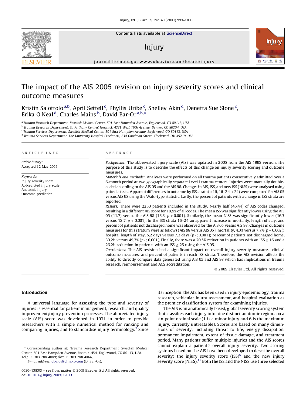 The impact of the AIS 2005 revision on injury severity scores and clinical outcome measures