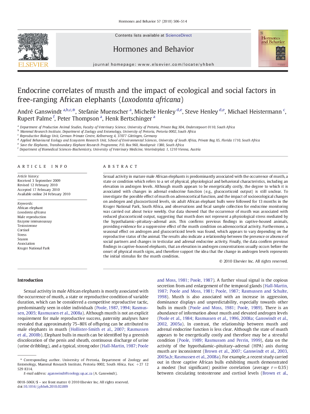 Endocrine correlates of musth and the impact of ecological and social factors in free-ranging African elephants (Loxodonta africana)