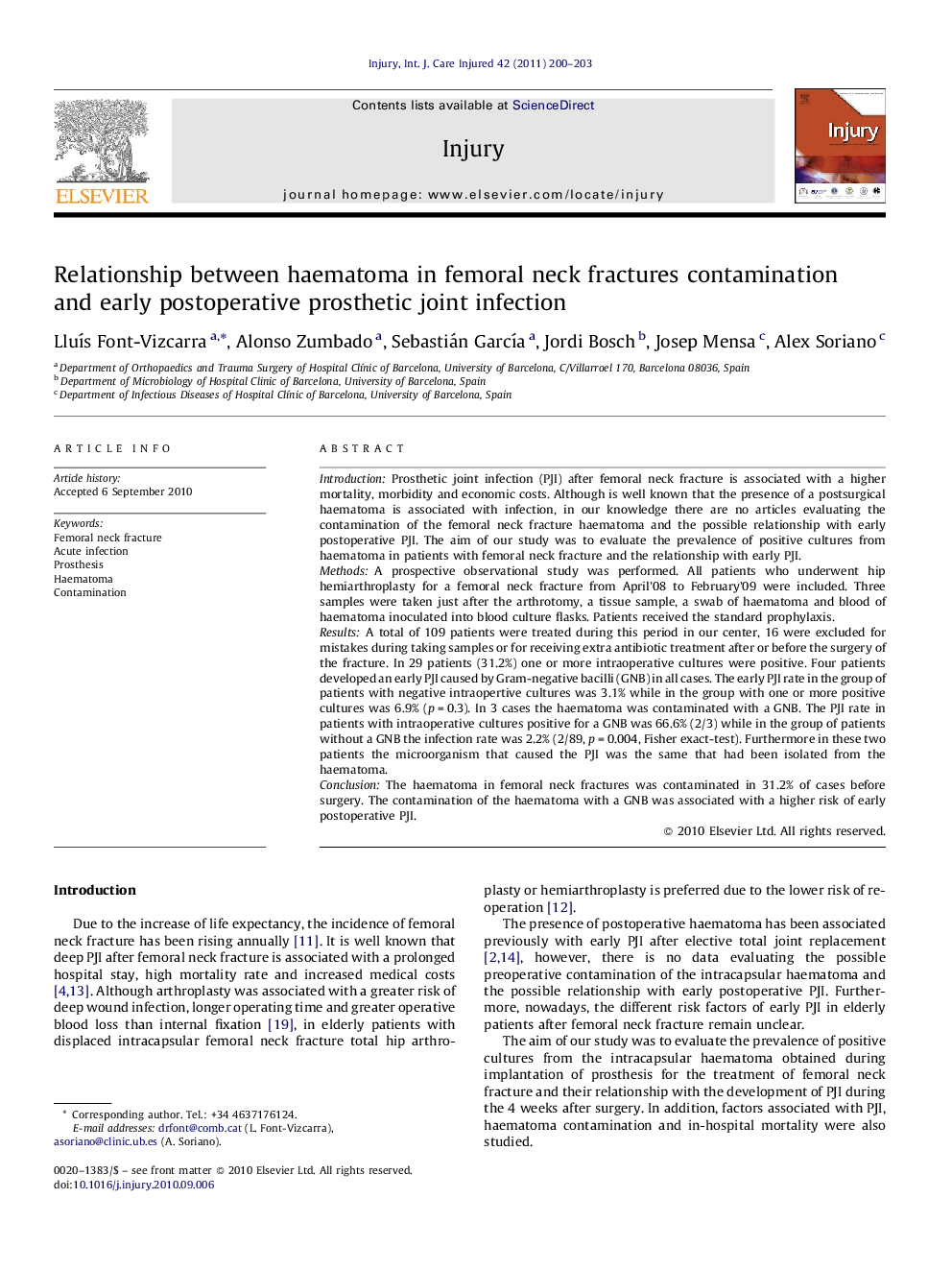 Relationship between haematoma in femoral neck fractures contamination and early postoperative prosthetic joint infection