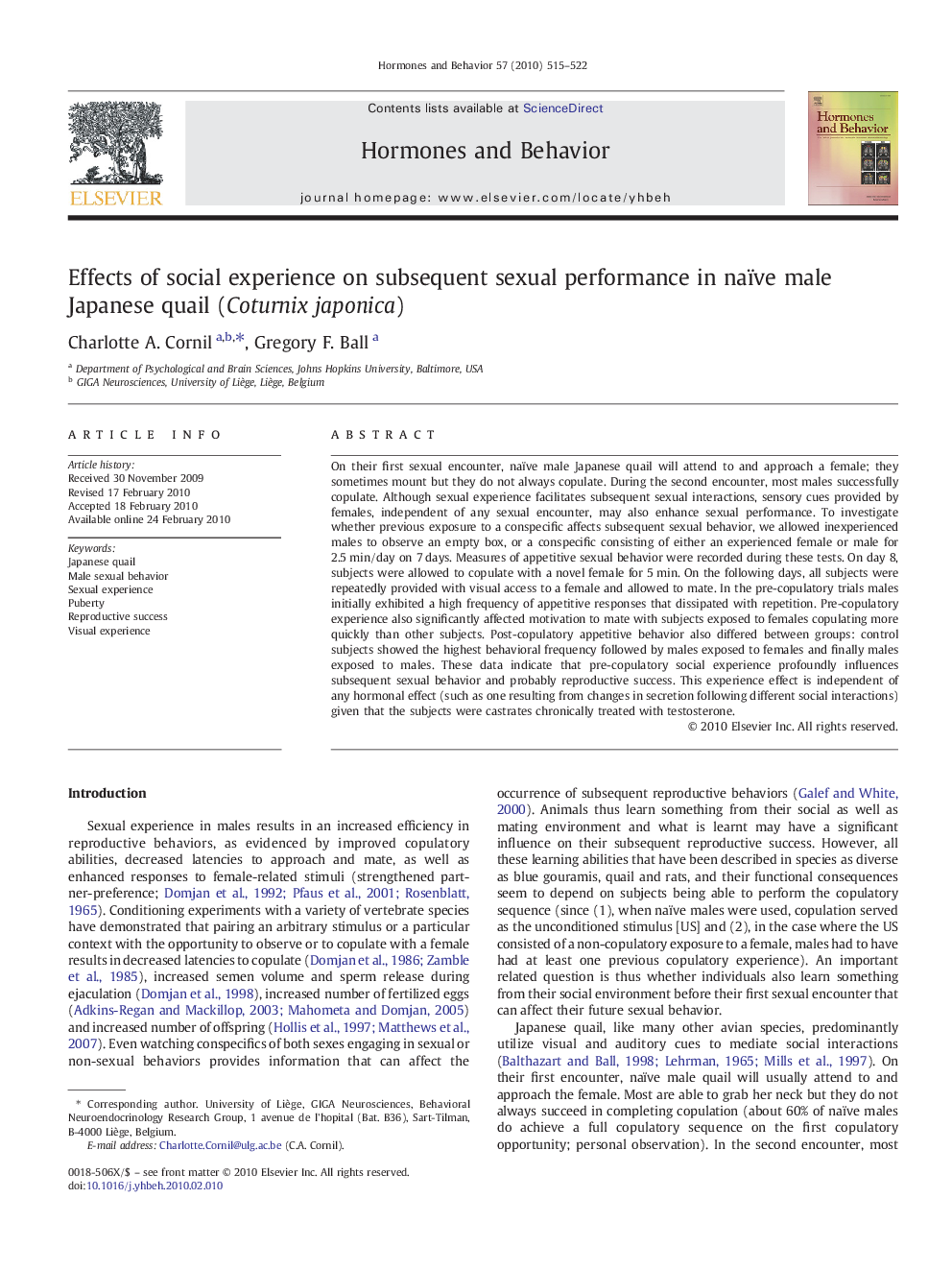 Effects of social experience on subsequent sexual performance in naïve male Japanese quail (Coturnix japonica)