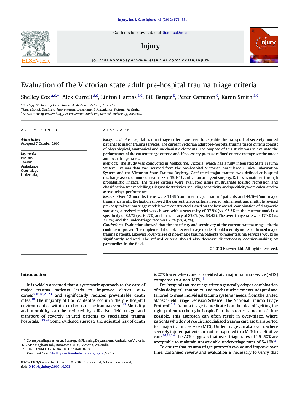 Evaluation of the Victorian state adult pre-hospital trauma triage criteria