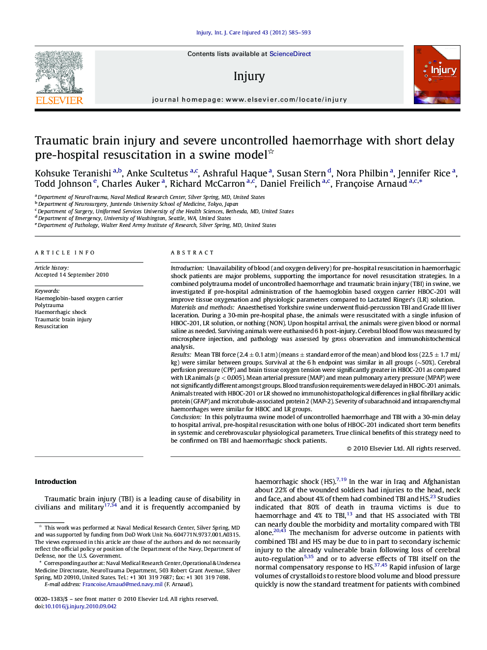 Traumatic brain injury and severe uncontrolled haemorrhage with short delay pre-hospital resuscitation in a swine model 