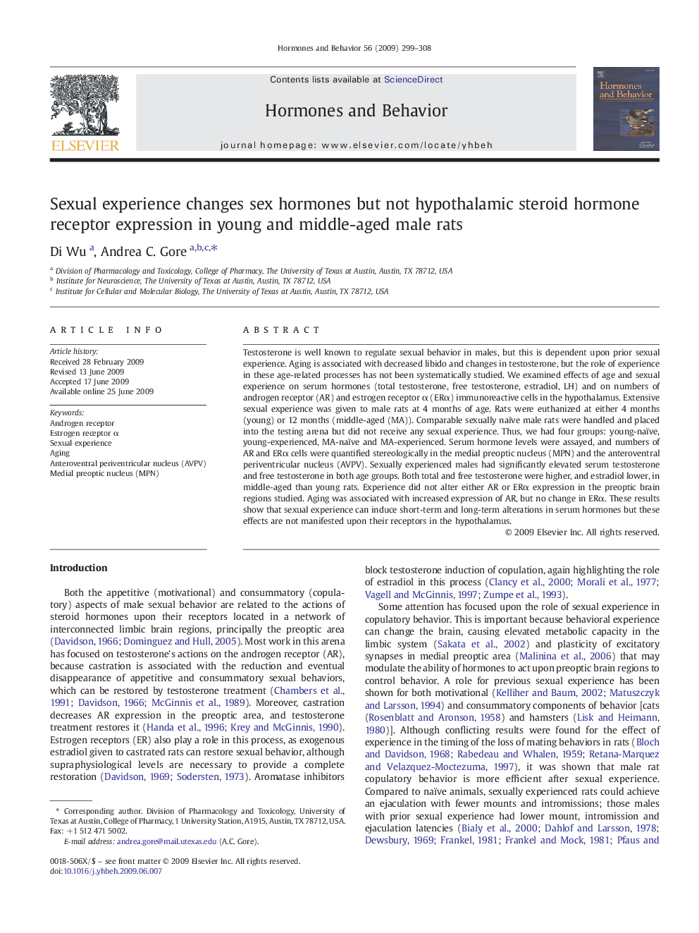 Sexual experience changes sex hormones but not hypothalamic steroid hormone receptor expression in young and middle-aged male rats