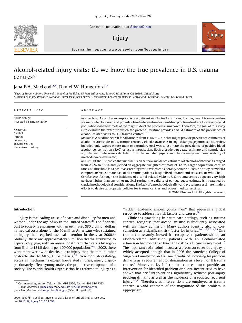 Alcohol-related injury visits: Do we know the true prevalence in U.S. trauma centres?