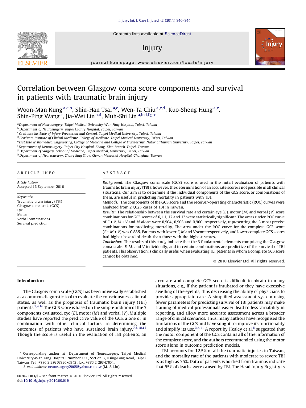 Correlation between Glasgow coma score components and survival in patients with traumatic brain injury