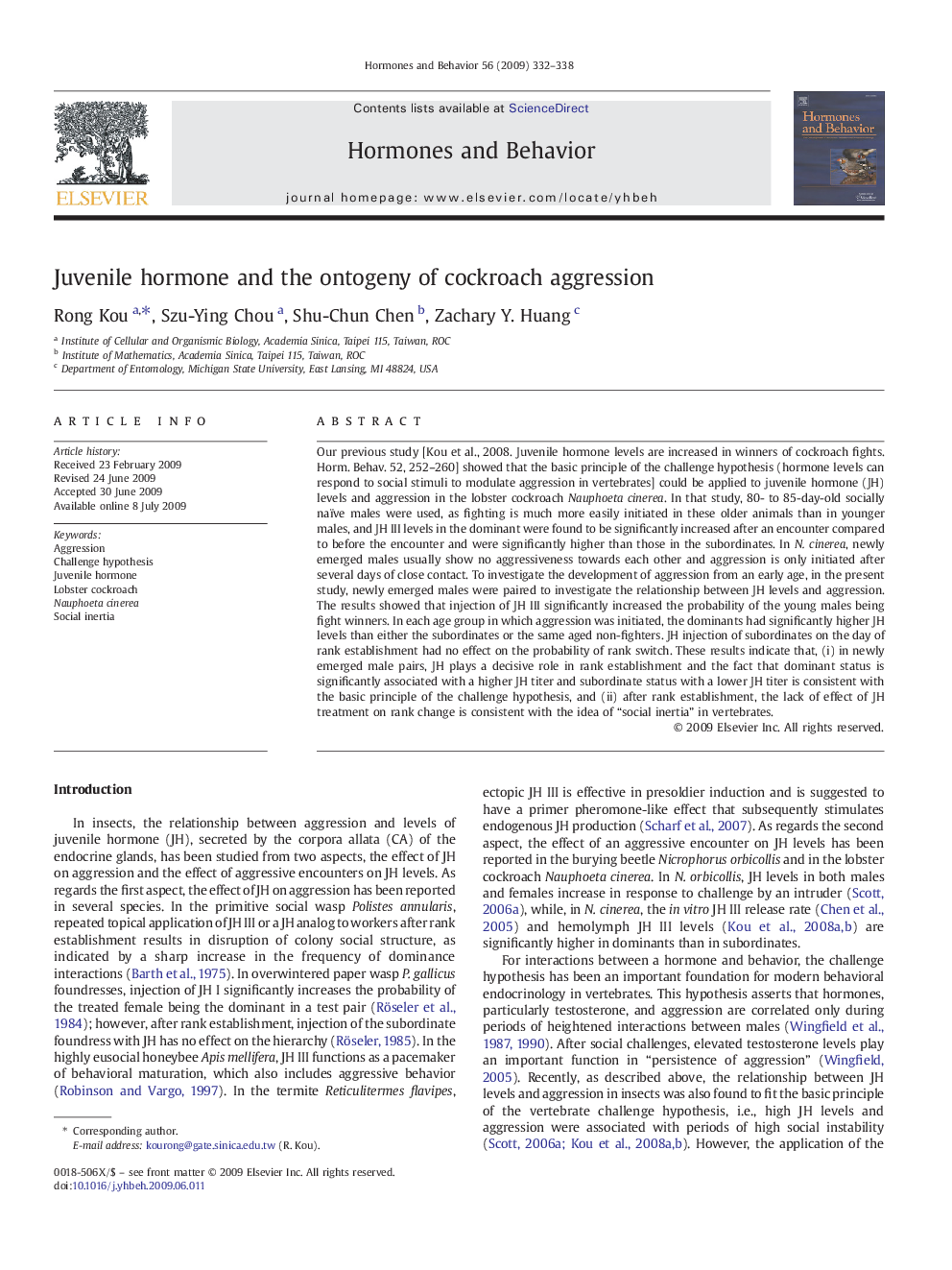 Juvenile hormone and the ontogeny of cockroach aggression