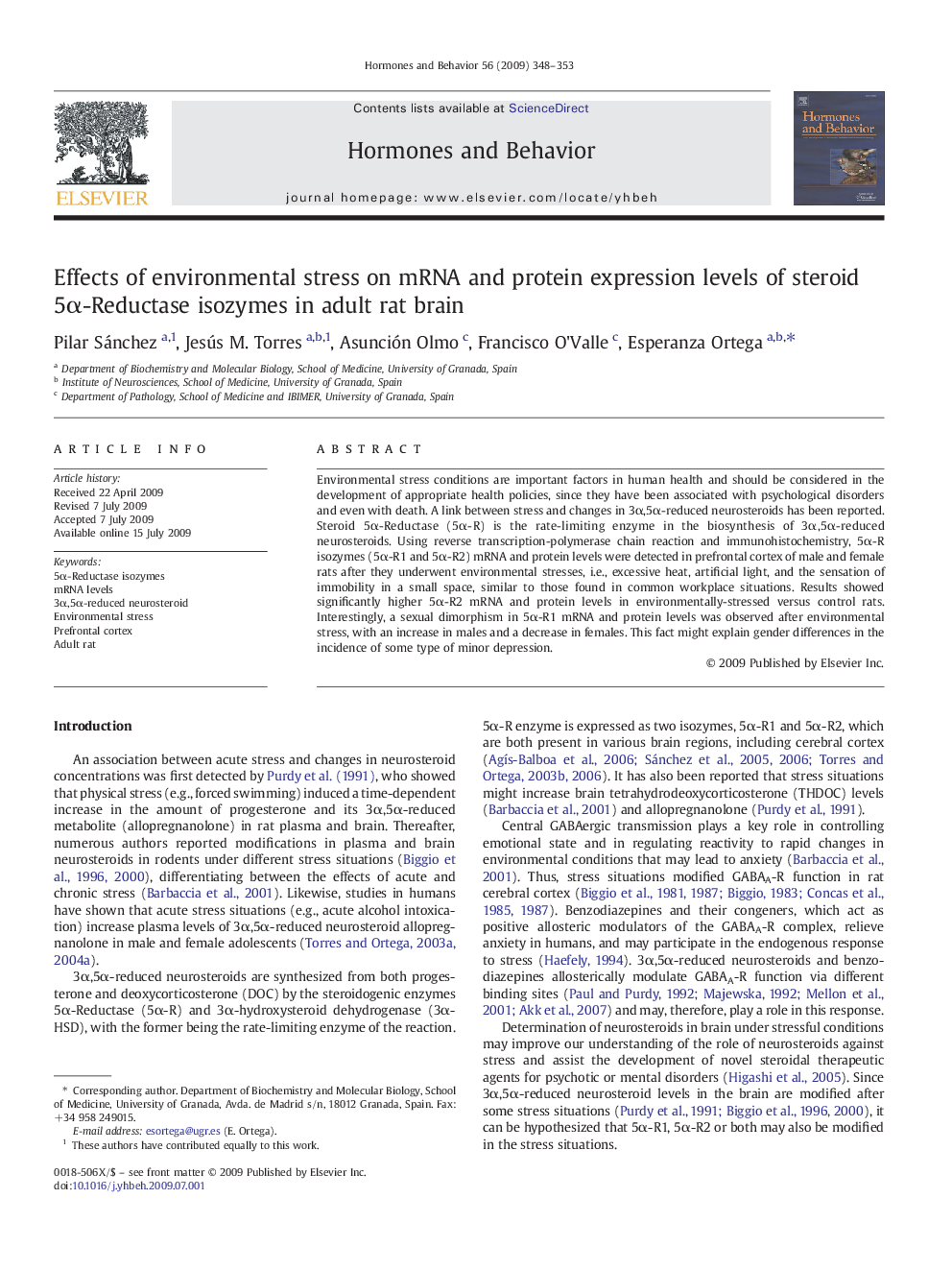 Effects of environmental stress on mRNA and protein expression levels of steroid 5α-Reductase isozymes in adult rat brain