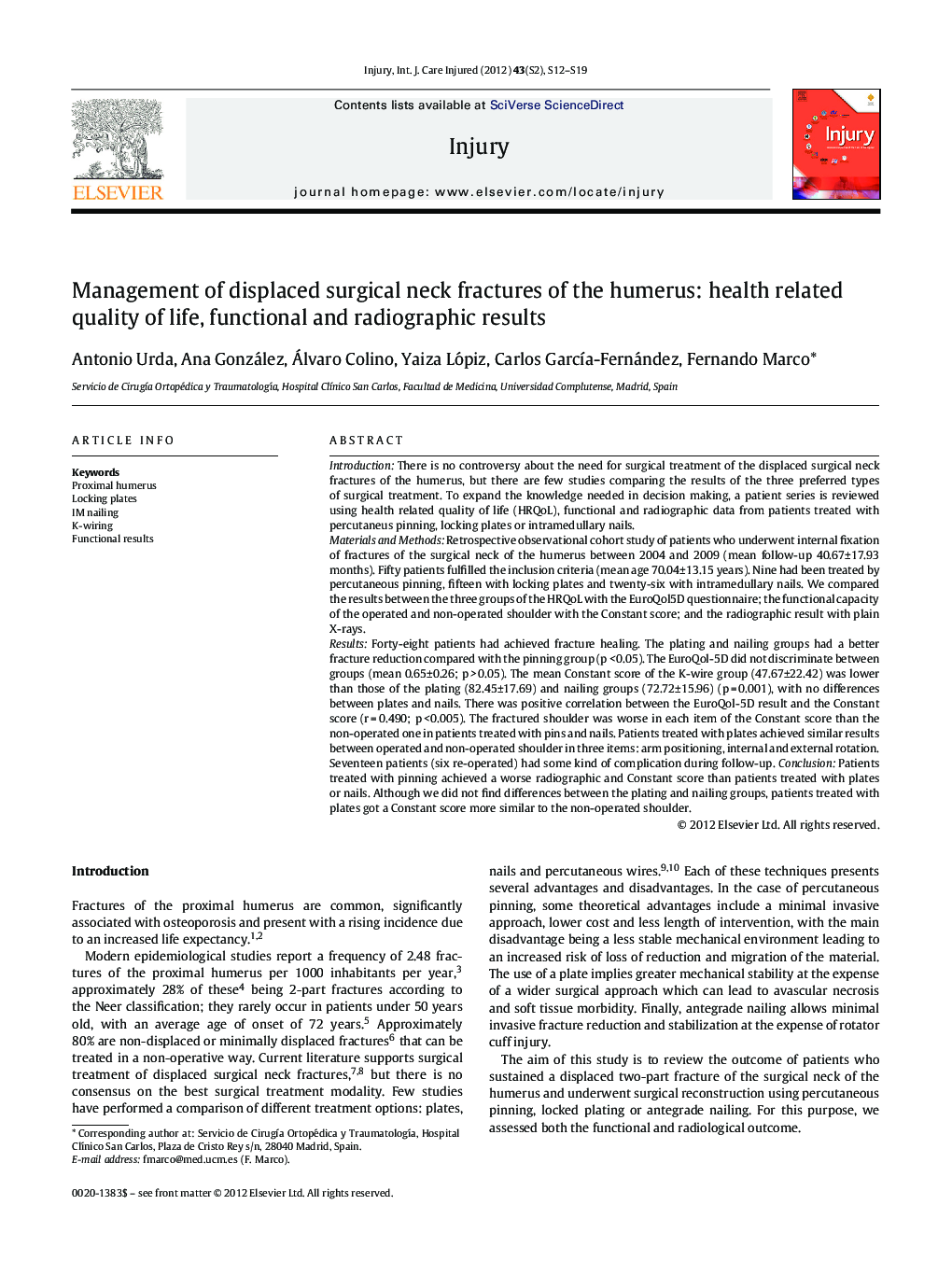 Management of displaced surgical neck fractures of the humerus: health related quality of life, functional and radiographic results