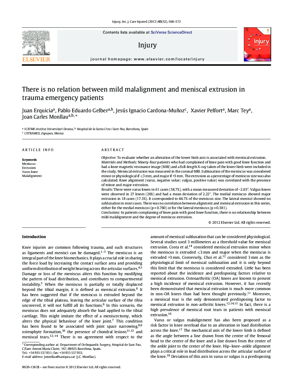 There is no relation between mild malalignment and meniscal extrusion in trauma emergency patients