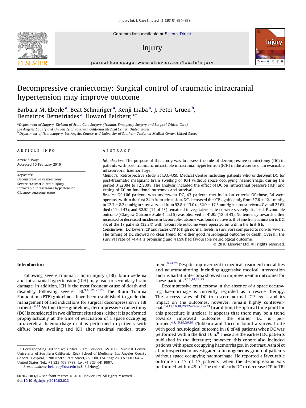 Decompressive craniectomy: Surgical control of traumatic intracranial hypertension may improve outcome