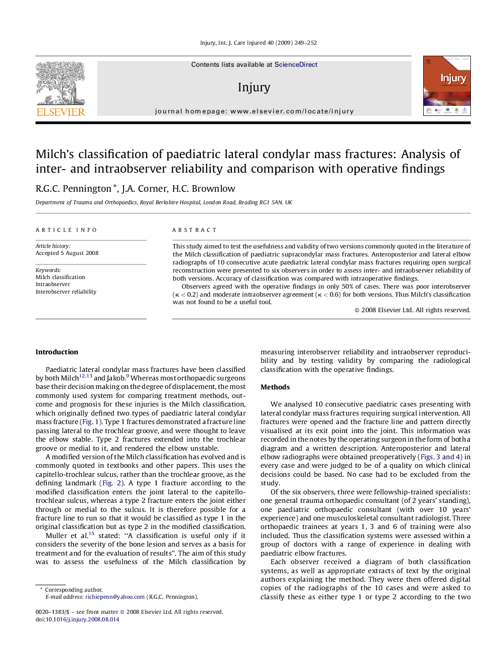 Milch's classification of paediatric lateral condylar mass fractures: Analysis of inter- and intraobserver reliability and comparison with operative findings