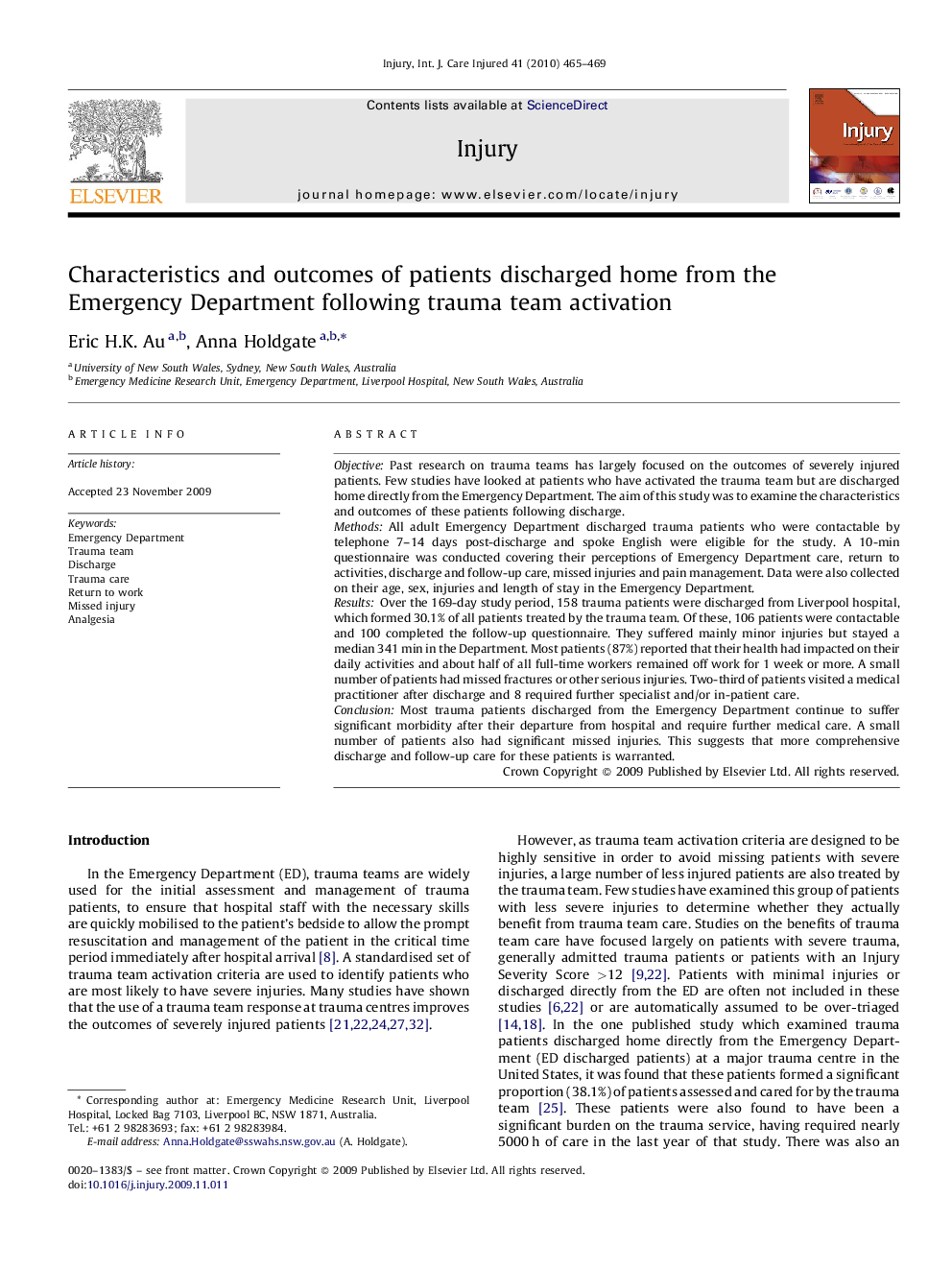 Characteristics and outcomes of patients discharged home from the Emergency Department following trauma team activation