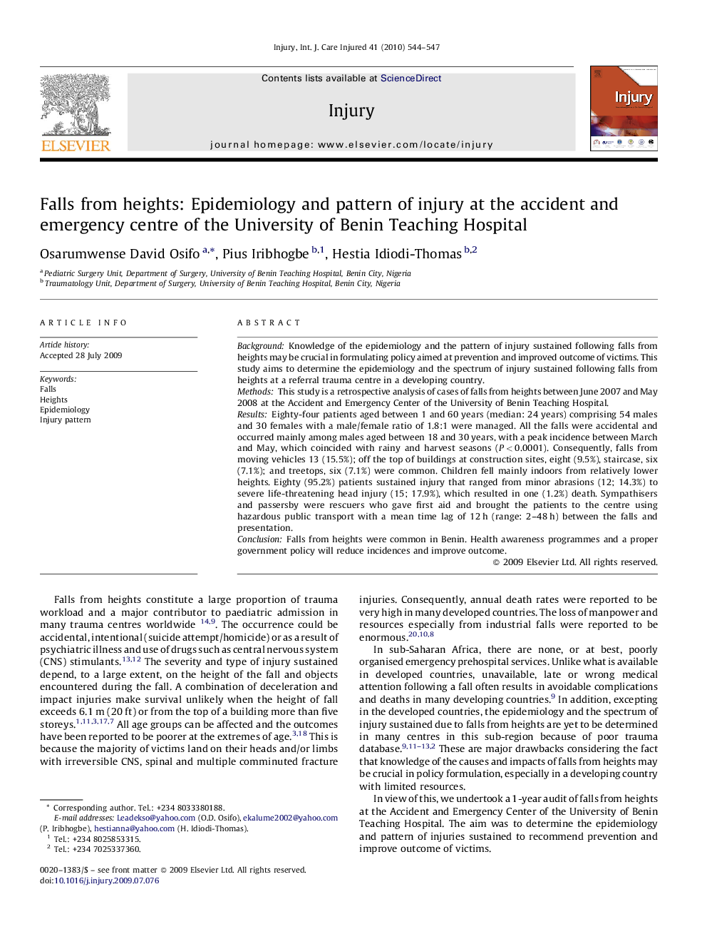 Falls from heights: Epidemiology and pattern of injury at the accident and emergency centre of the University of Benin Teaching Hospital