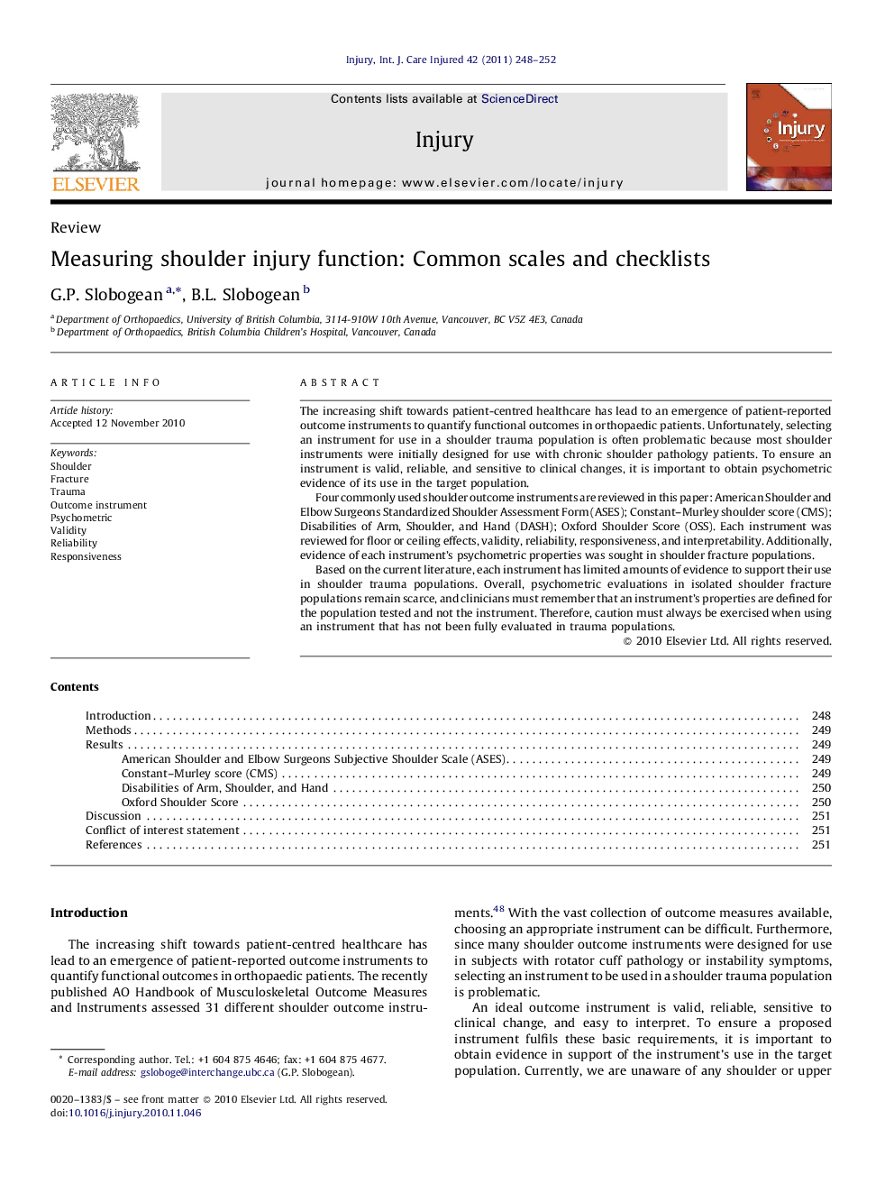 Measuring shoulder injury function: Common scales and checklists