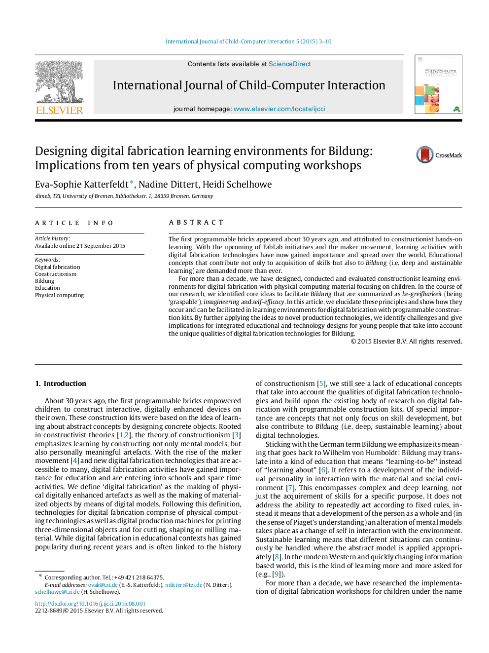 Designing digital fabrication learning environments for Bildung: Implications from ten years of physical computing workshops