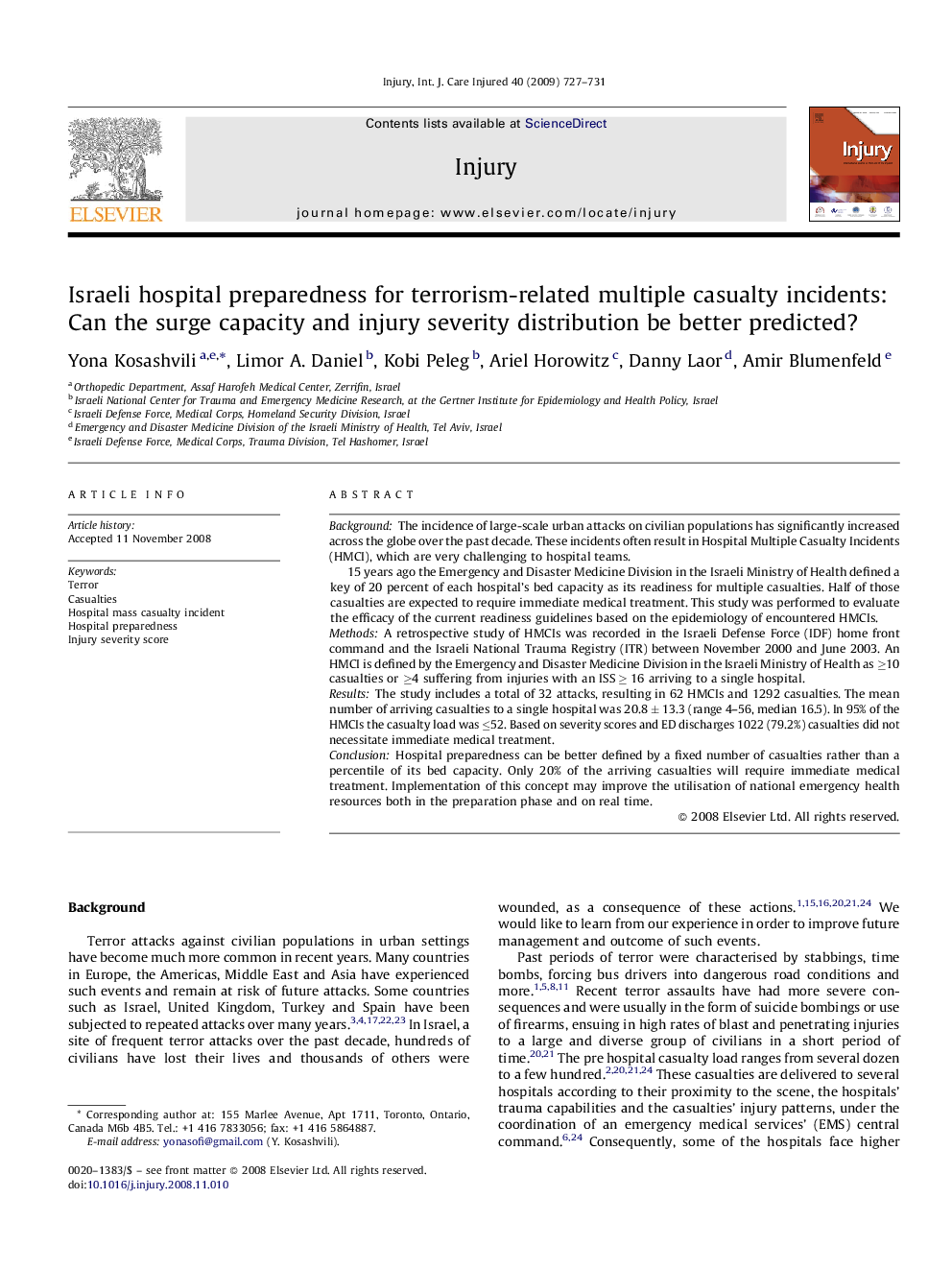 Israeli hospital preparedness for terrorism-related multiple casualty incidents: Can the surge capacity and injury severity distribution be better predicted?