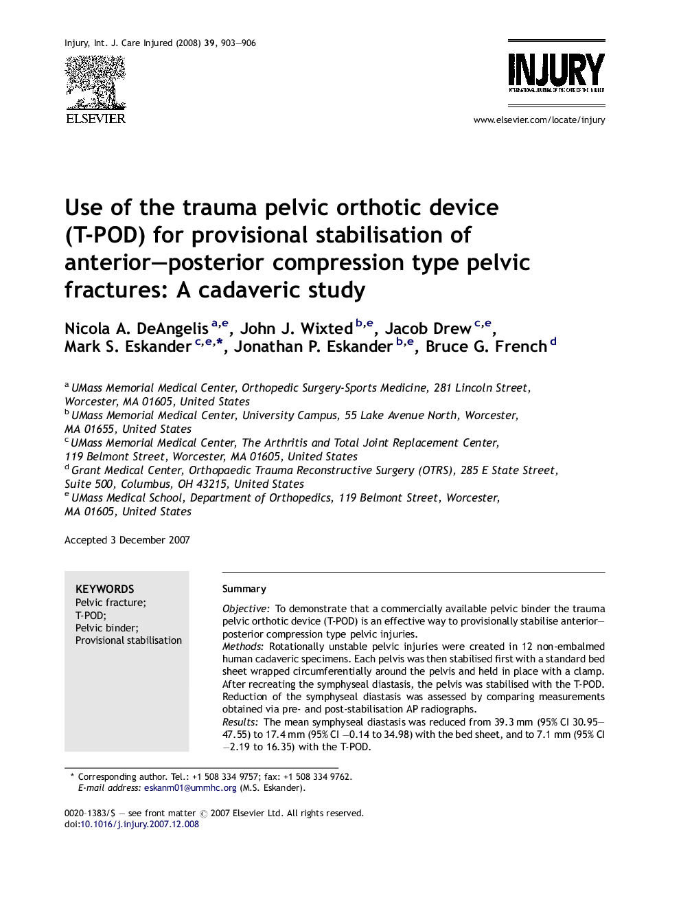 Use of the trauma pelvic orthotic device (T-POD) for provisional stabilisation of anterior–posterior compression type pelvic fractures: A cadaveric study