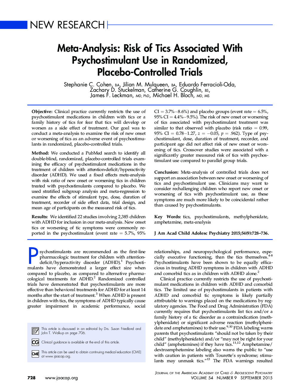 Meta-Analysis: Risk of Tics Associated With Psychostimulant Use in Randomized, Placebo-Controlled Trials 