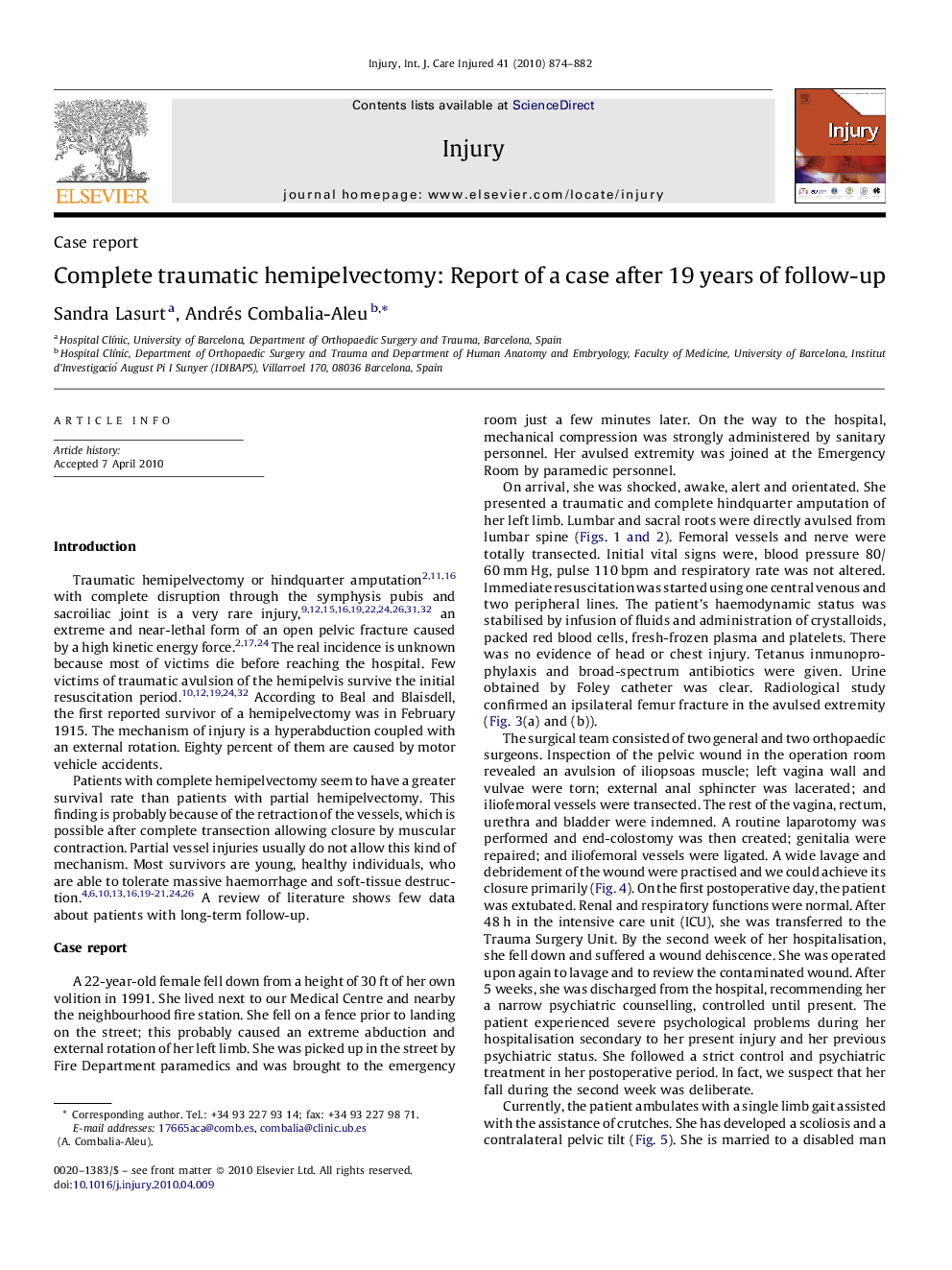 Complete traumatic hemipelvectomy: Report of a case after 19 years of follow-up