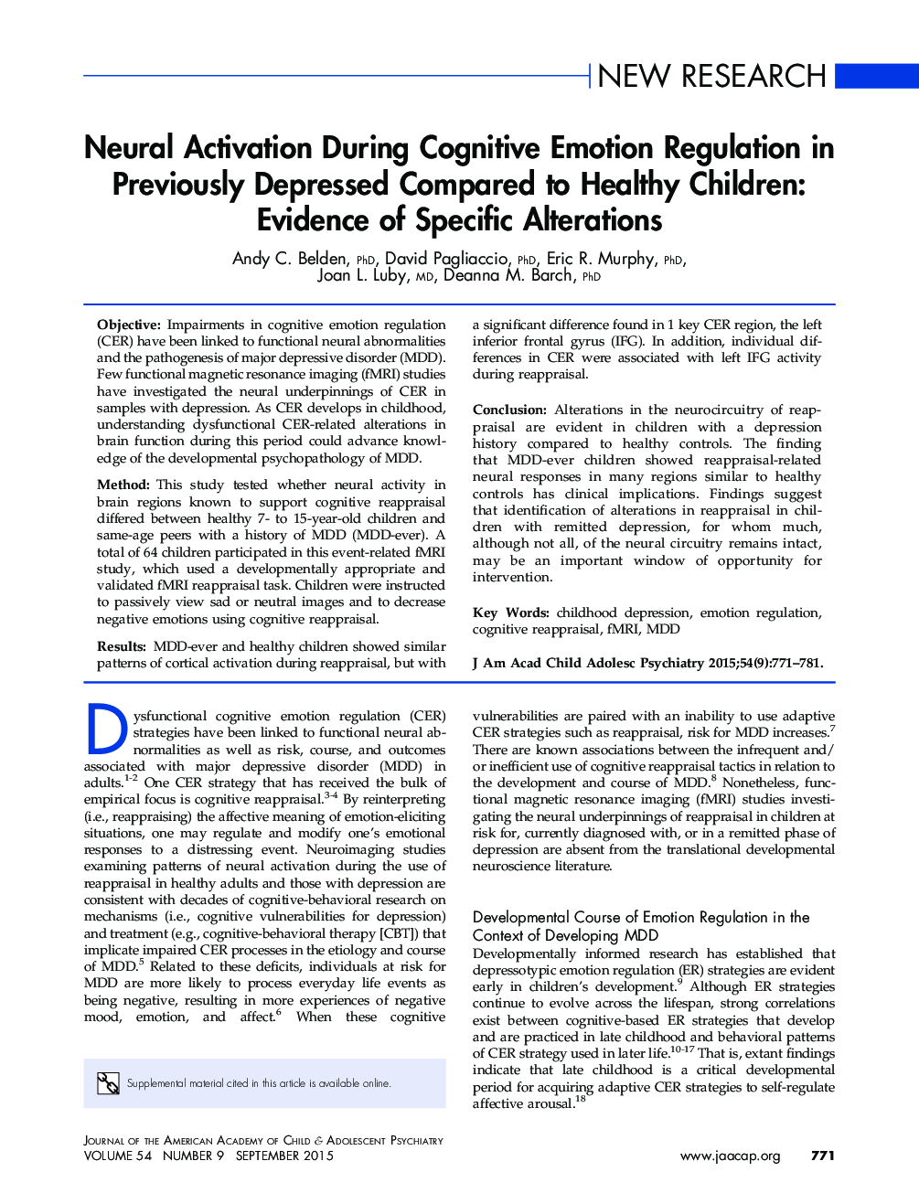 Neural Activation During Cognitive Emotion Regulation in Previously Depressed Compared to Healthy Children: Evidence of Specific Alterations 