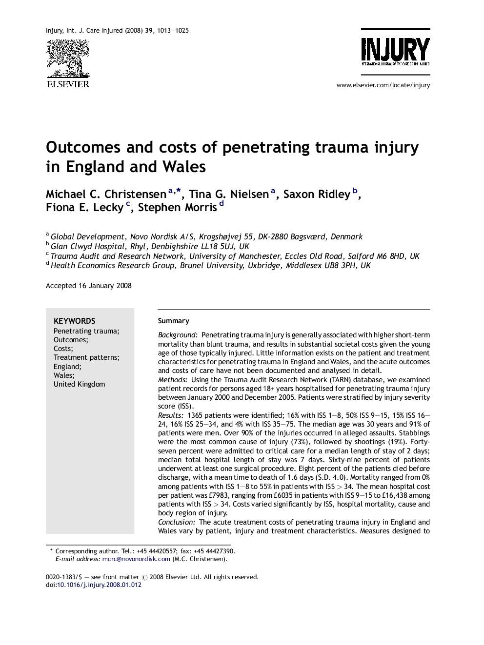 Outcomes and costs of penetrating trauma injury in England and Wales