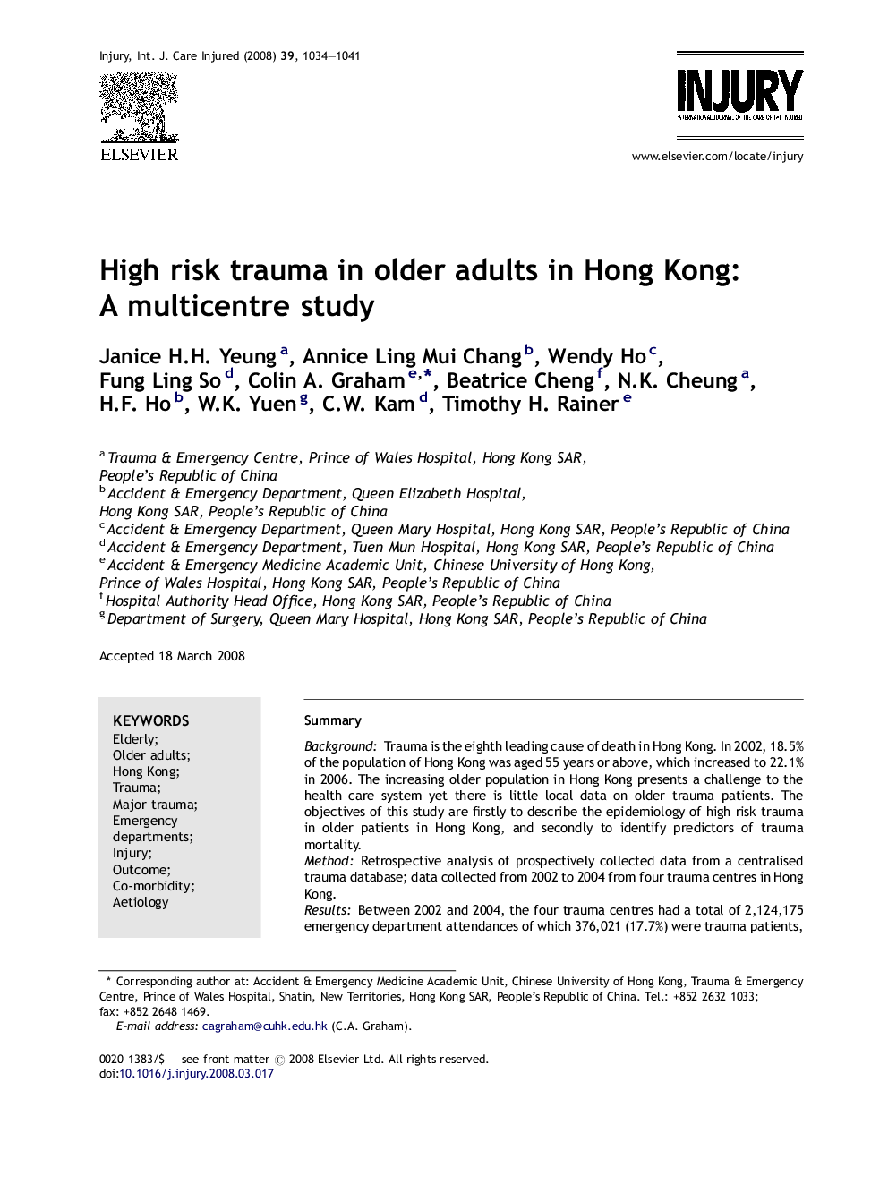 High risk trauma in older adults in Hong Kong: A multicentre study