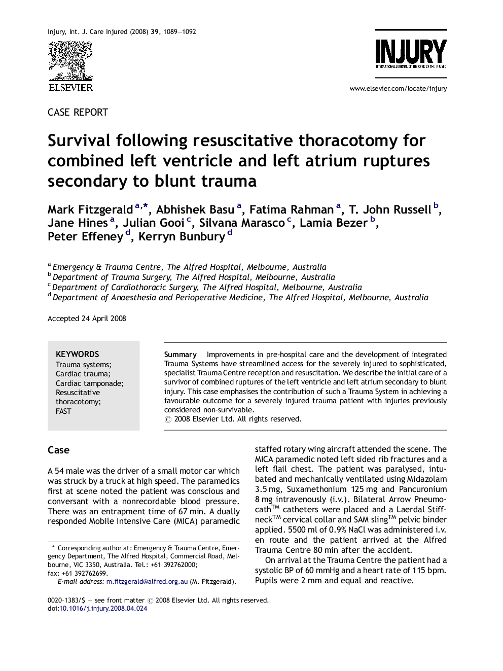 Survival following resuscitative thoracotomy for combined left ventricle and left atrium ruptures secondary to blunt trauma