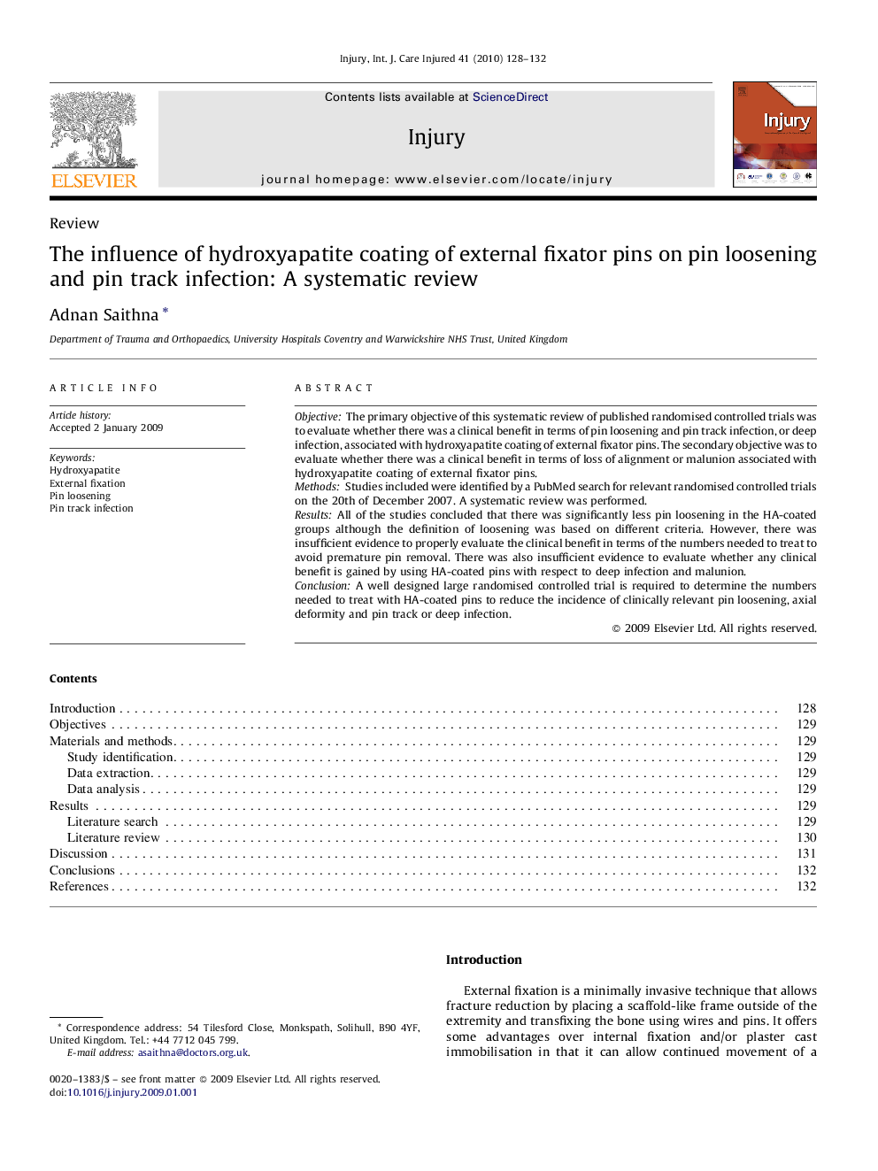 The influence of hydroxyapatite coating of external fixator pins on pin loosening and pin track infection: A systematic review