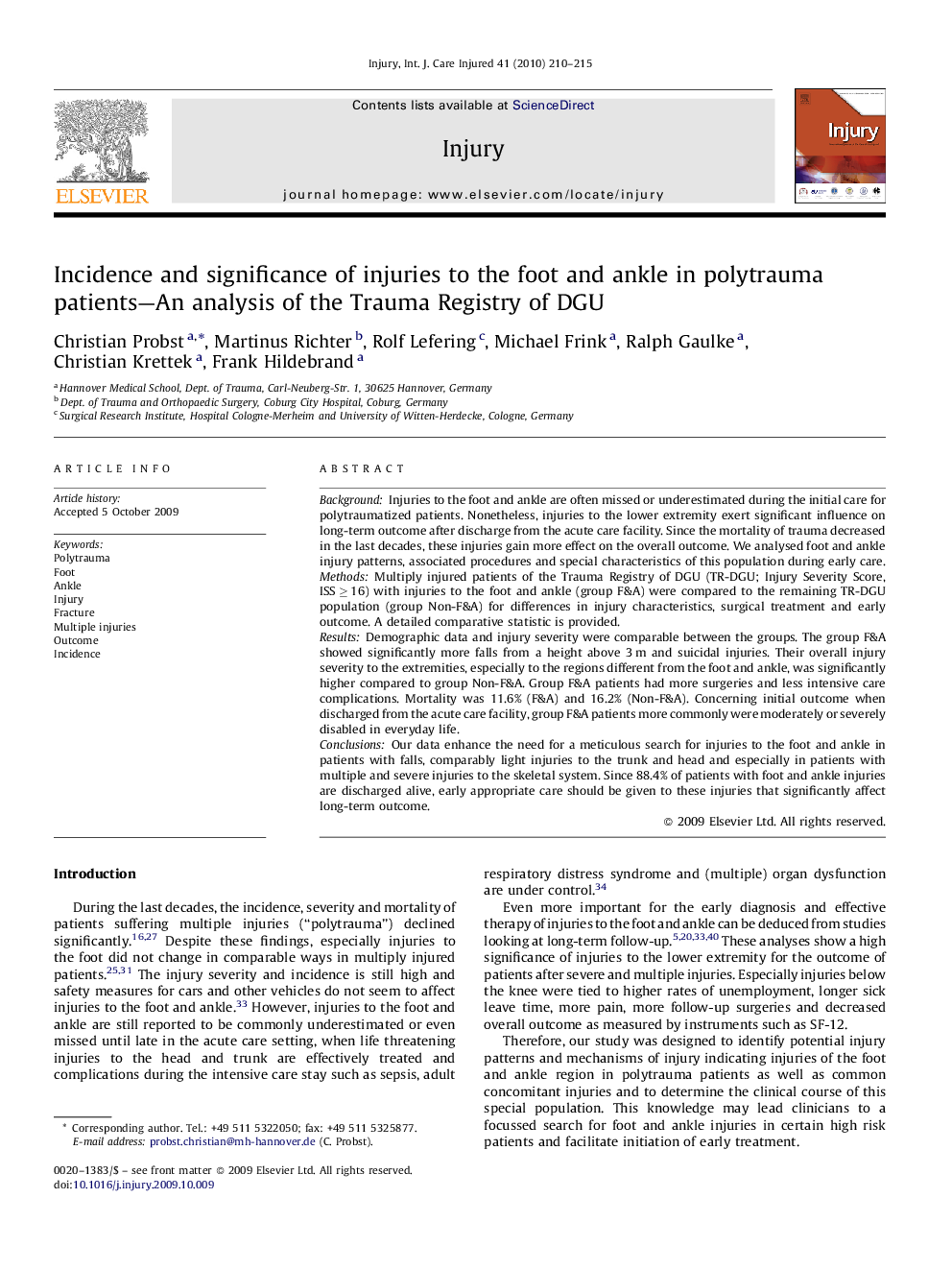 Incidence and significance of injuries to the foot and ankle in polytrauma patients—An analysis of the Trauma Registry of DGU