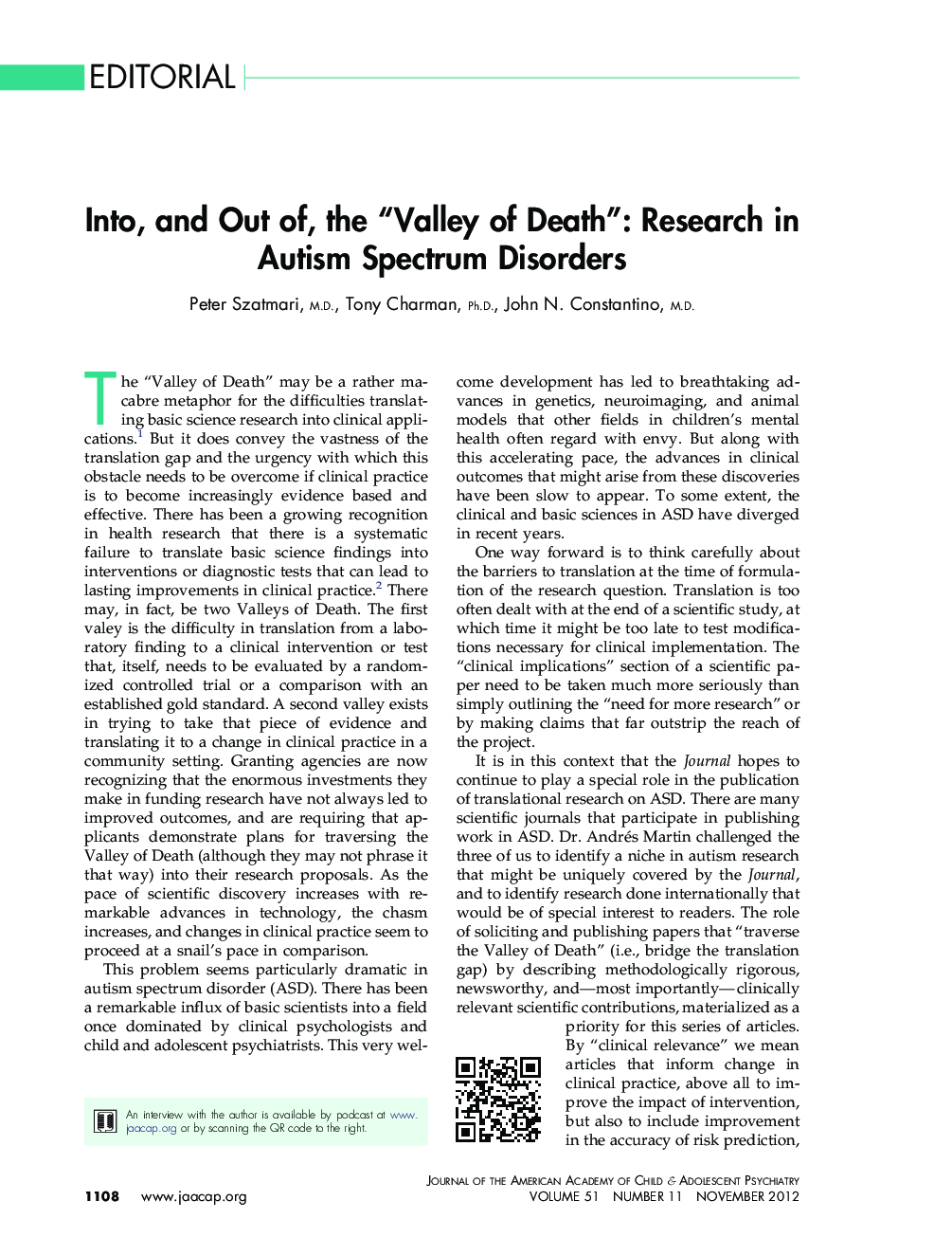 Into, and Out of, the “Valley of Death”: Research in Autism Spectrum Disorders
