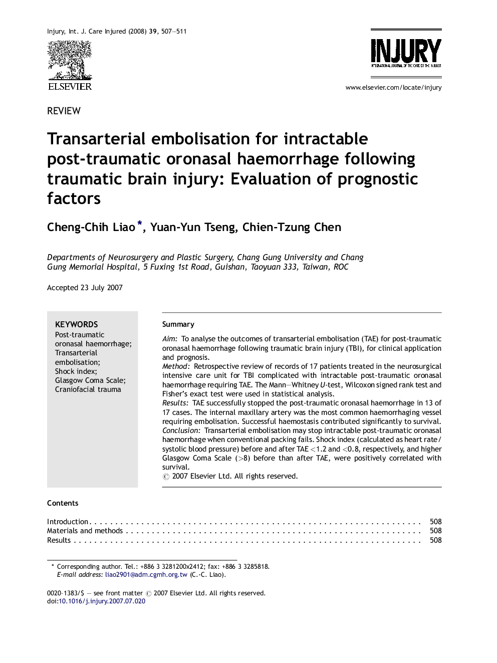 Transarterial embolisation for intractable post-traumatic oronasal haemorrhage following traumatic brain injury: Evaluation of prognostic factors