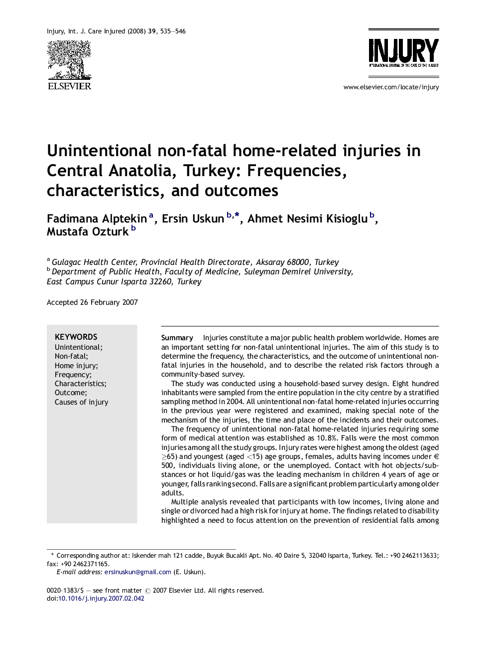 Unintentional non-fatal home-related injuries in Central Anatolia, Turkey: Frequencies, characteristics, and outcomes