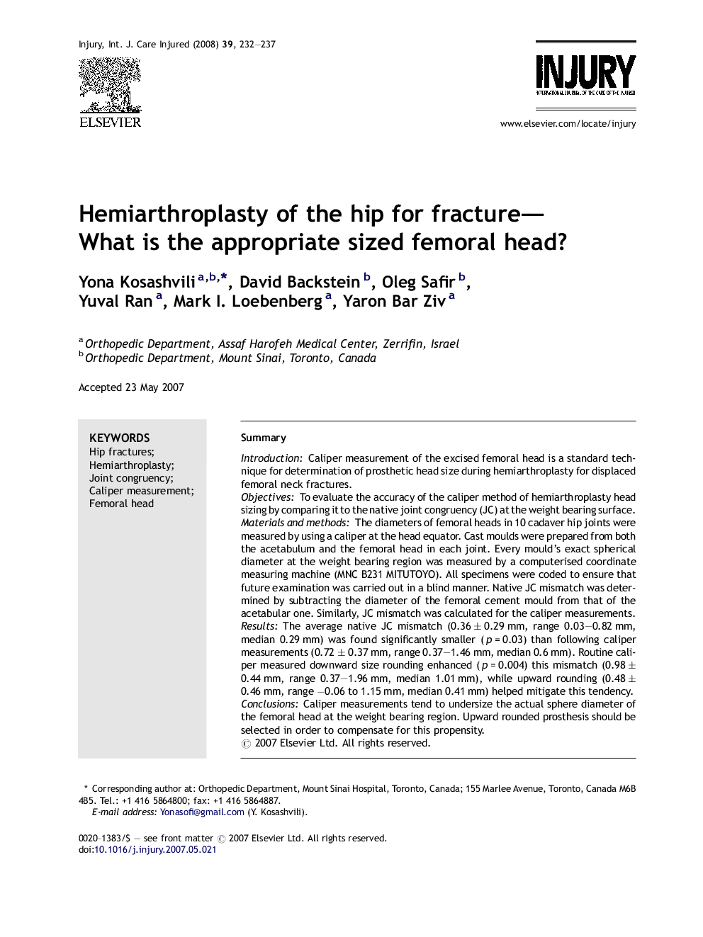 Hemiarthroplasty of the hip for fracture—What is the appropriate sized femoral head?