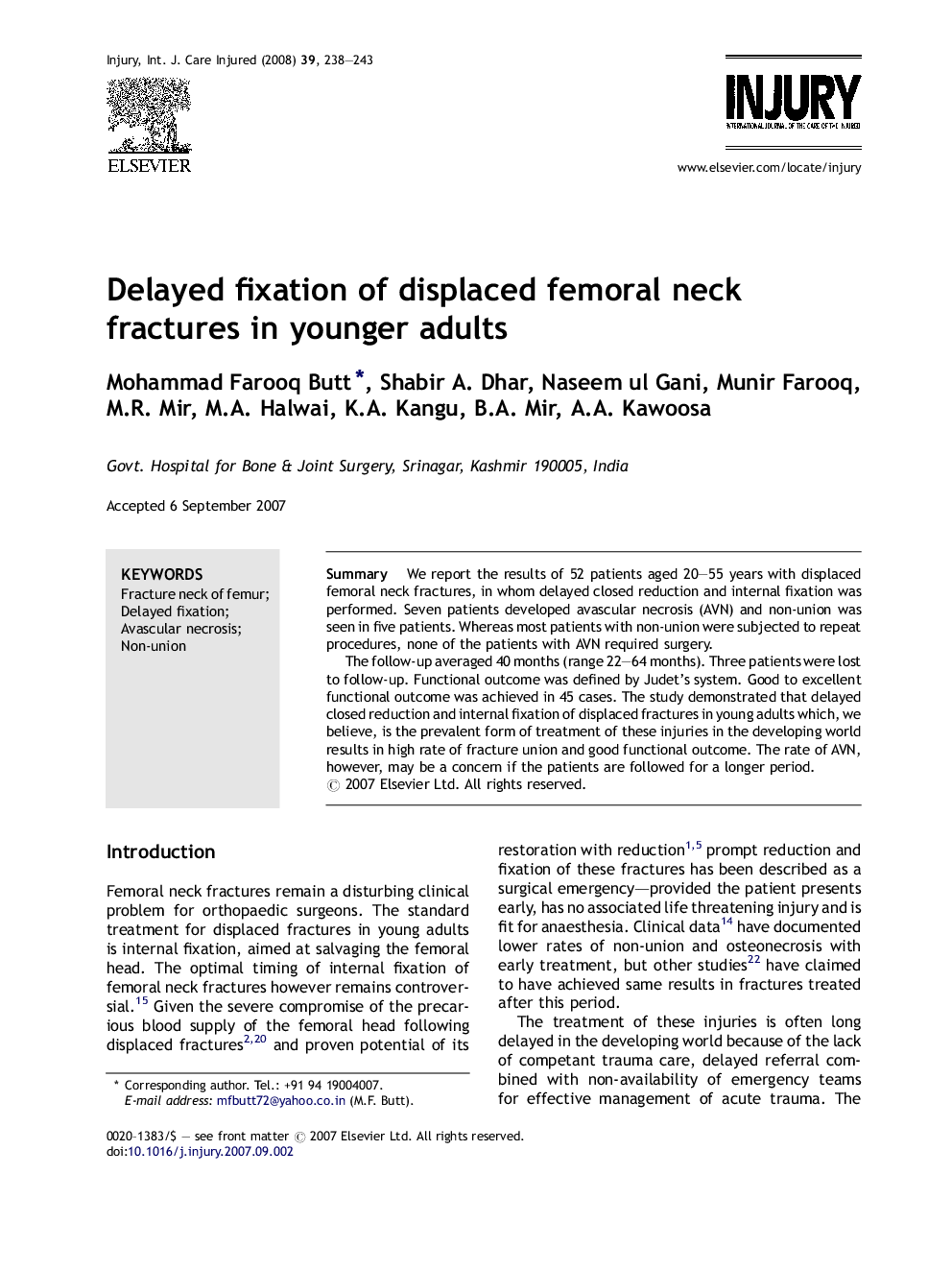 Delayed fixation of displaced femoral neck fractures in younger adults