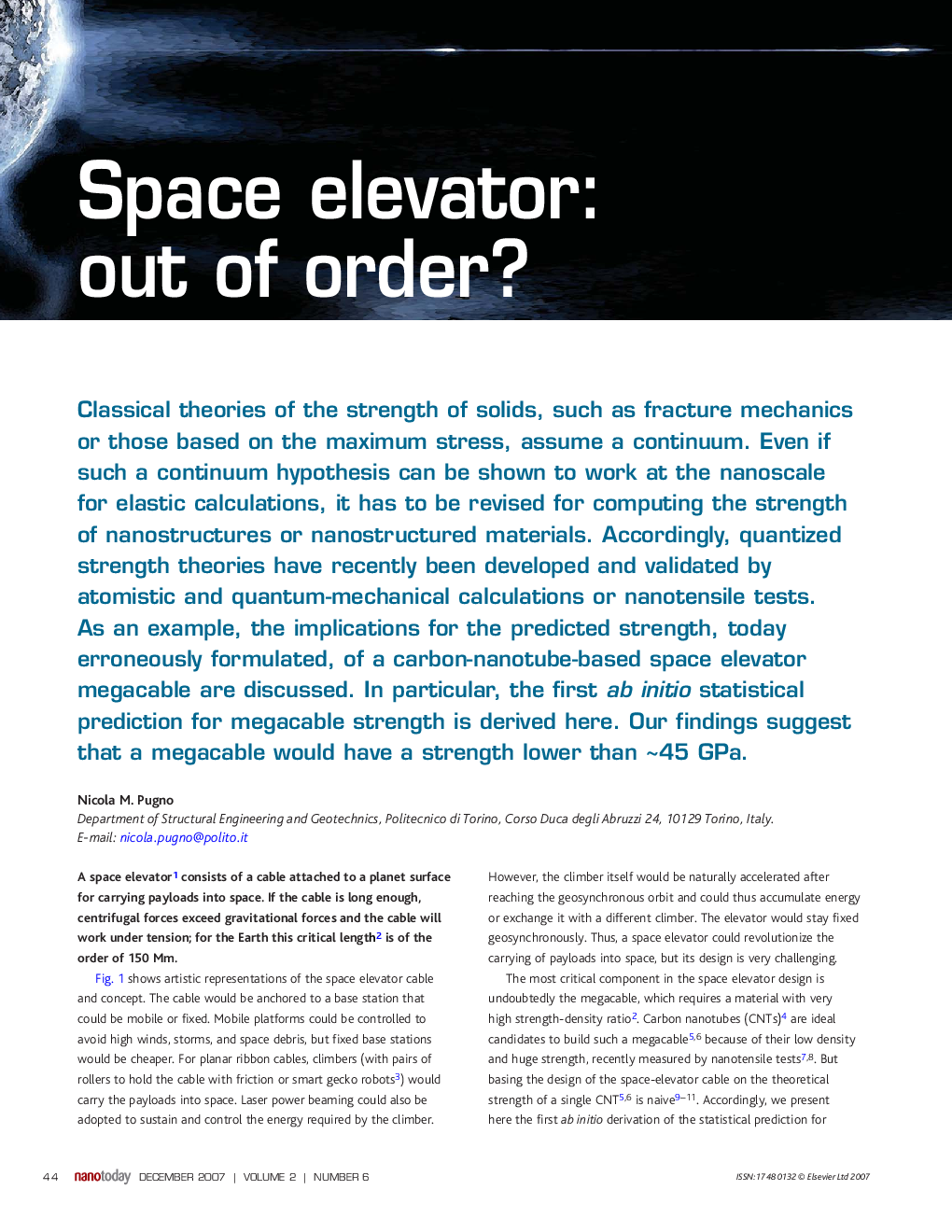 Space elevator: out of order?
