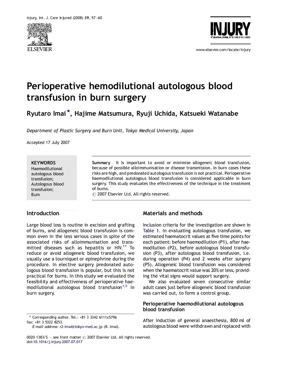Perioperative hemodilutional autologous blood transfusion in burn surgery