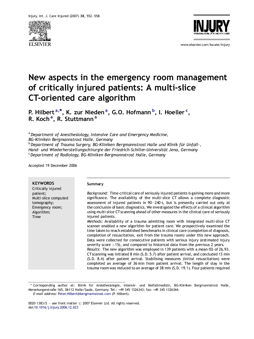 New aspects in the emergency room management of critically injured patients: A multi-slice CT-oriented care algorithm