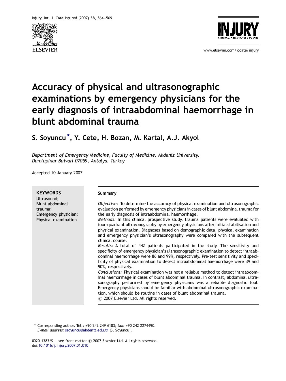 Accuracy of physical and ultrasonographic examinations by emergency physicians for the early diagnosis of intraabdominal haemorrhage in blunt abdominal trauma