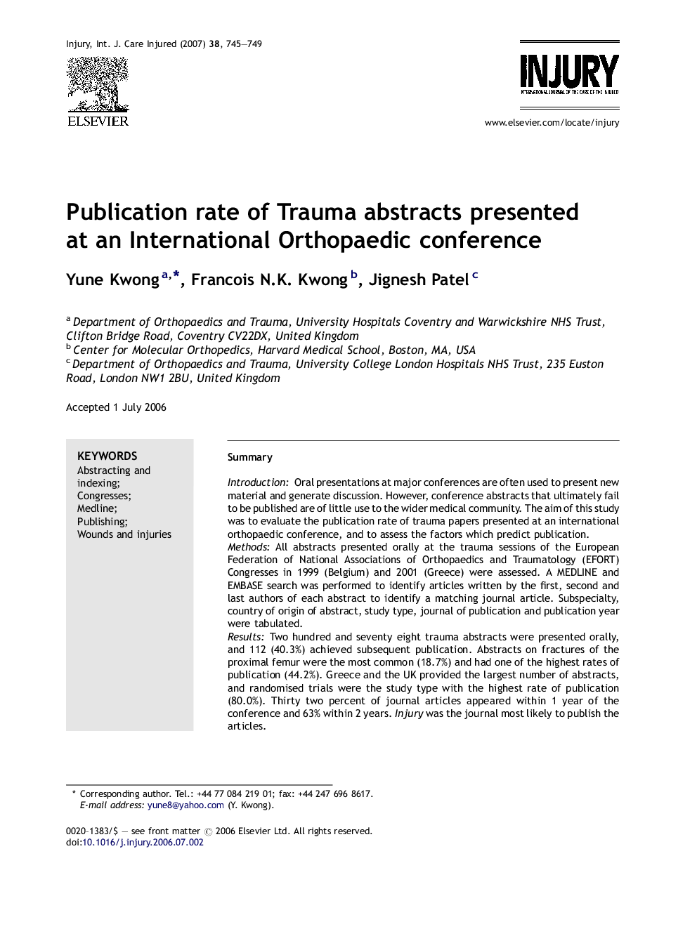 Publication rate of Trauma abstracts presented at an International Orthopaedic conference