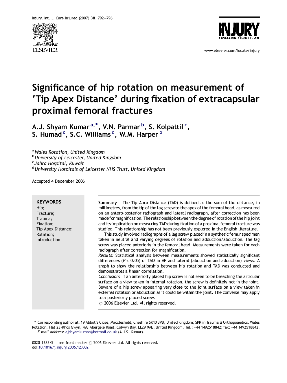 Significance of hip rotation on measurement of ‘Tip Apex Distance’ during fixation of extracapsular proximal femoral fractures