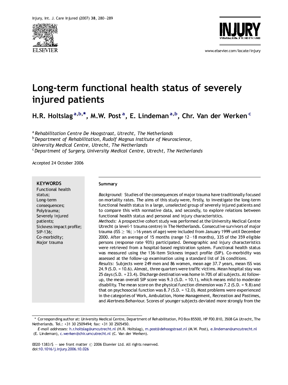 Long-term functional health status of severely injured patients