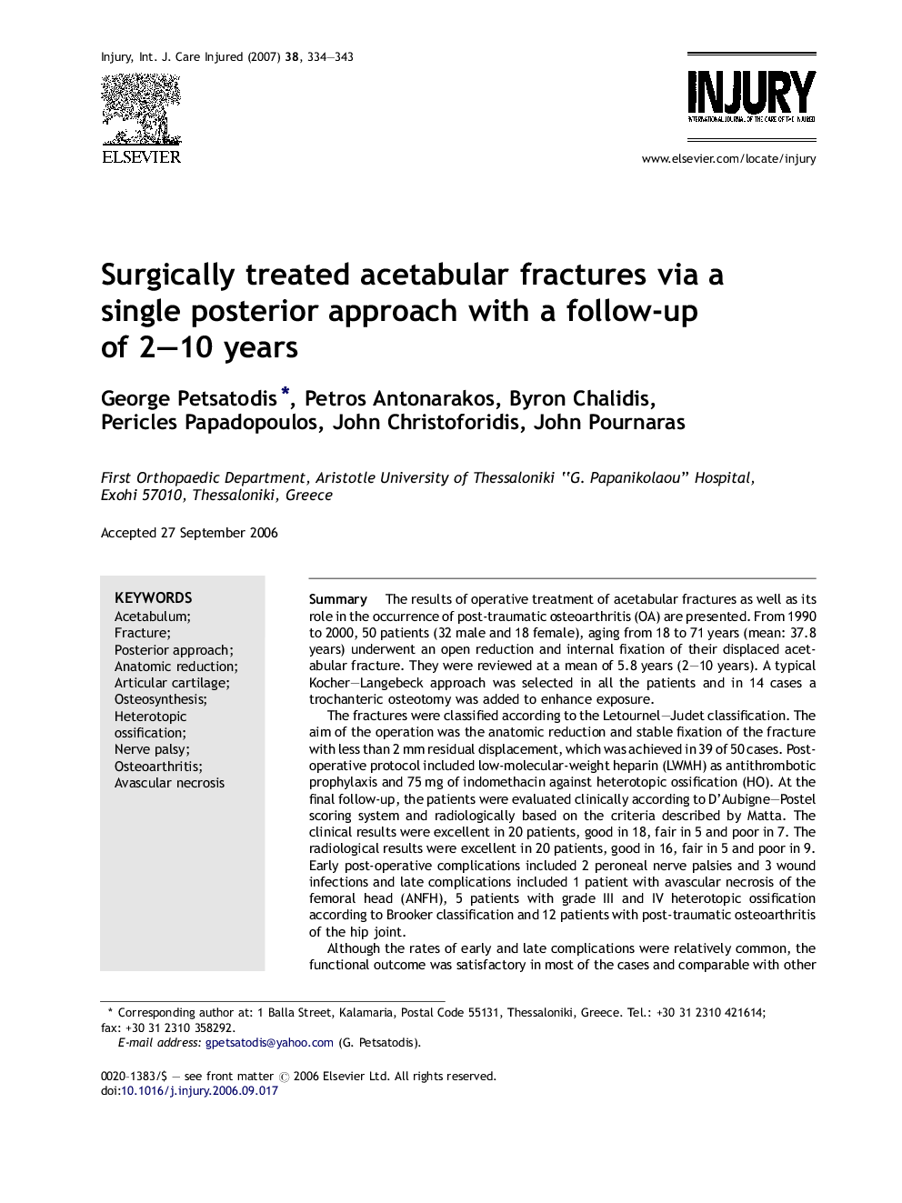 Surgically treated acetabular fractures via a single posterior approach with a follow-up of 2–10 years