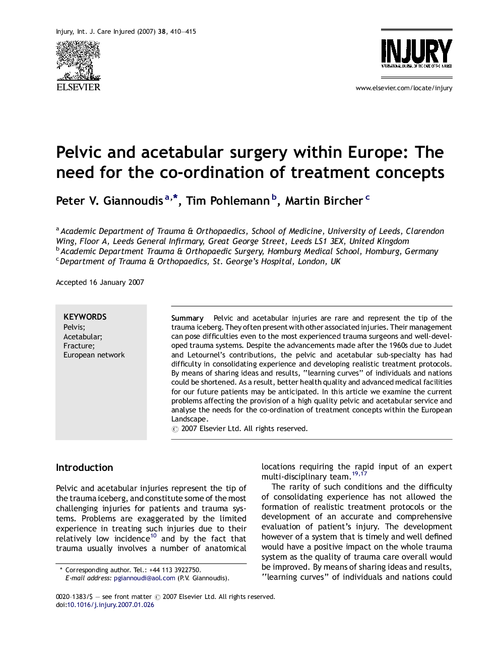 Pelvic and acetabular surgery within Europe: The need for the co-ordination of treatment concepts