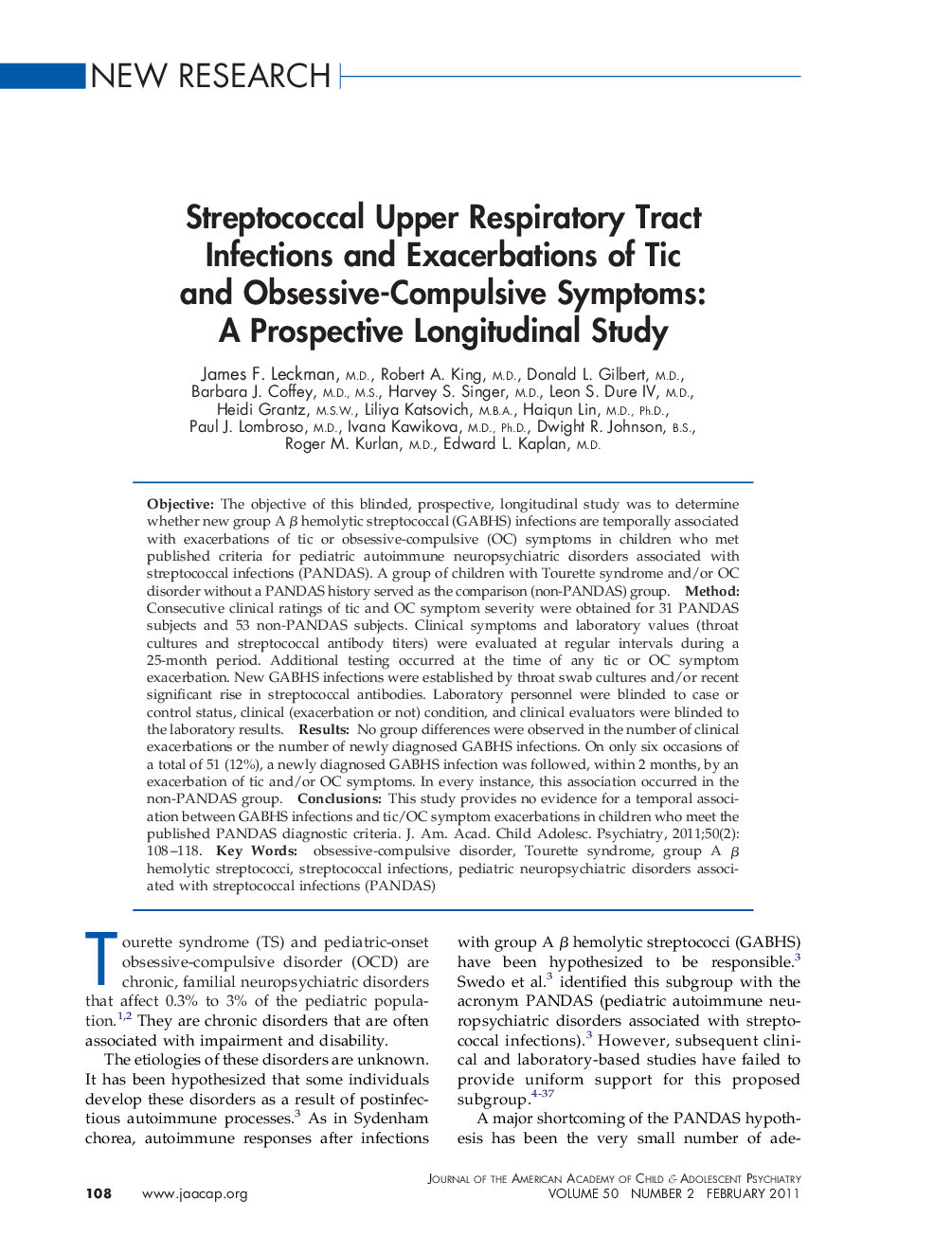 Streptococcal Upper Respiratory Tract Infections and Exacerbations of Tic and Obsessive-Compulsive Symptoms: A Prospective Longitudinal Study