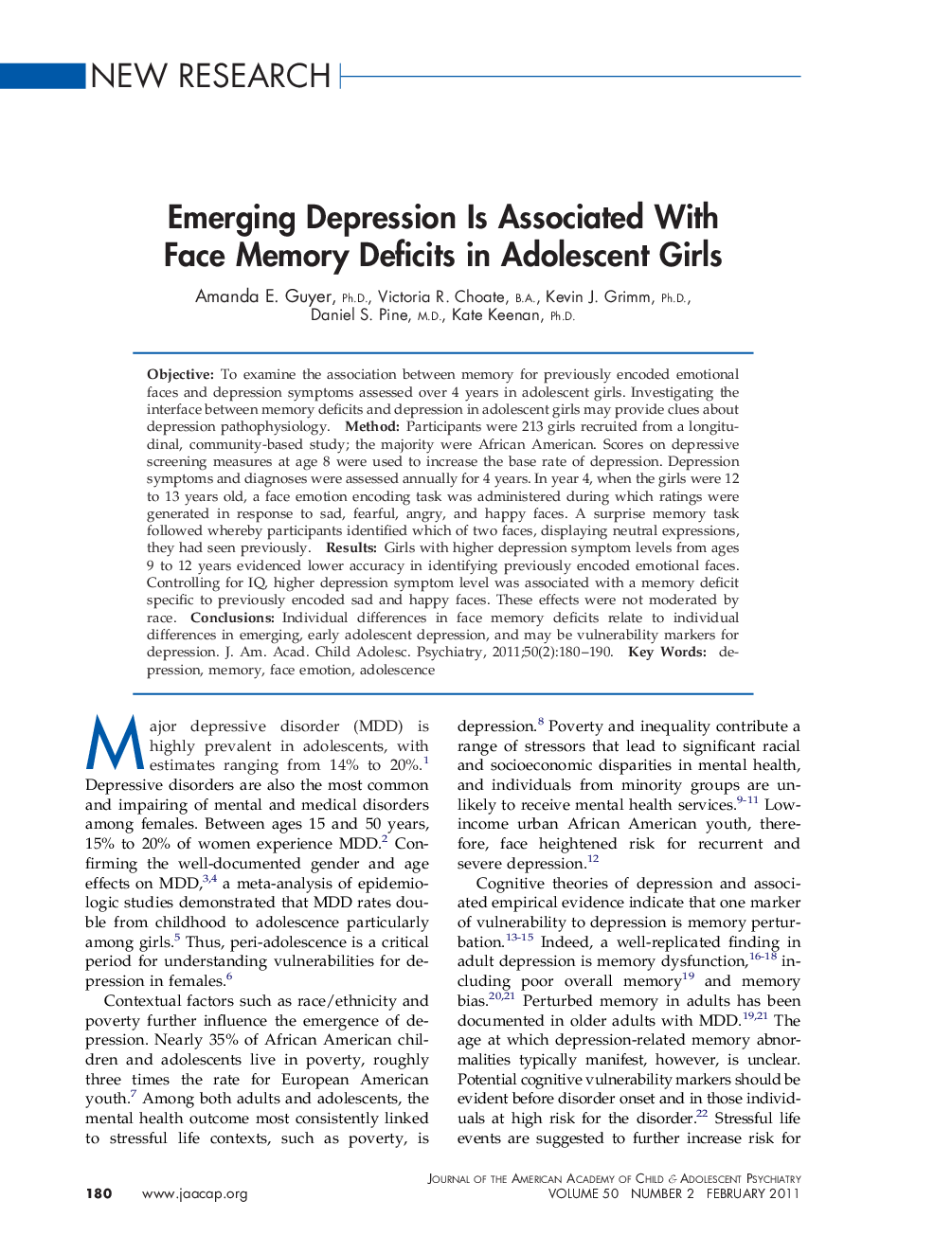 Emerging Depression Is Associated With Face Memory Deficits in Adolescent Girls 